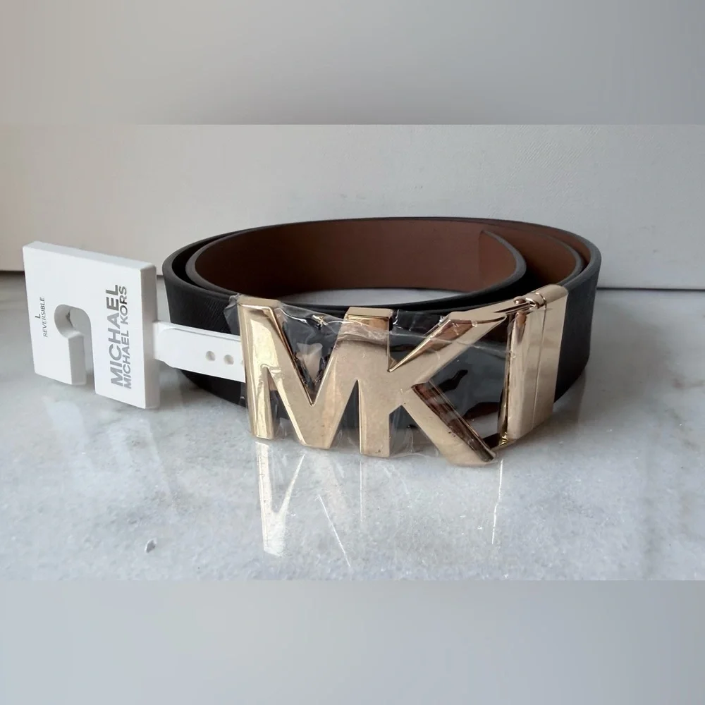 $68 MICHAEL Michael Kors Black and Brown Reversible Belt with Gold logo Buckle L